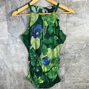 Green and blue floral blouse top t shirt woman, small